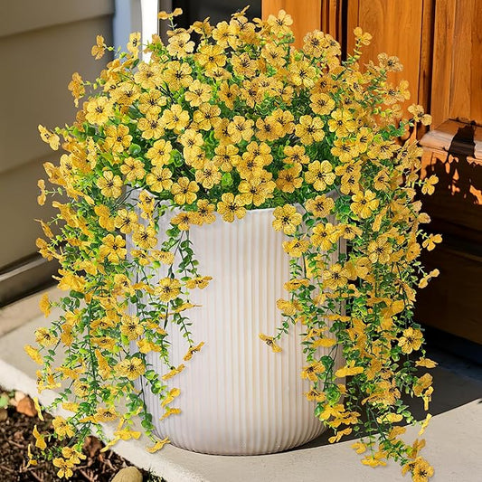 Ammyoo Artificial Hanging Flowers for Outdoors Faux Plants Decoration, 2 Packs Fake Silk Daisy Flower Realistic Outdoor Flowers UV Resistant Porch Patio Window Yard Outside Decor(Yellow)
