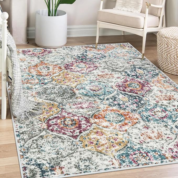 Lahome Moroccan Trellis Washable Small Area Rug, 3x5 Black Rug for Bedroom Living Room, Non-Slip Oriental Accent Throw Carpet for Kitchen Office Entryway Bathroom Office Elise, Aqua/Multi