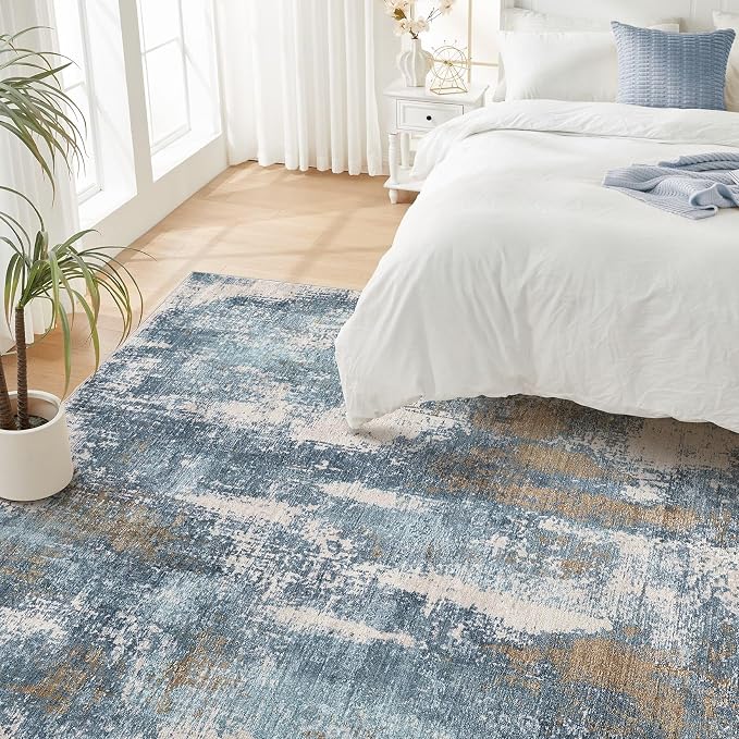 DMOYEST Area Rug Living Room Rugs - 5x7 Washable Soft Indoor Neutral Modern Abstract Low Pile Rug Carpet for Bedroom Dining Room Farmhouse Home Office - Blue Brown