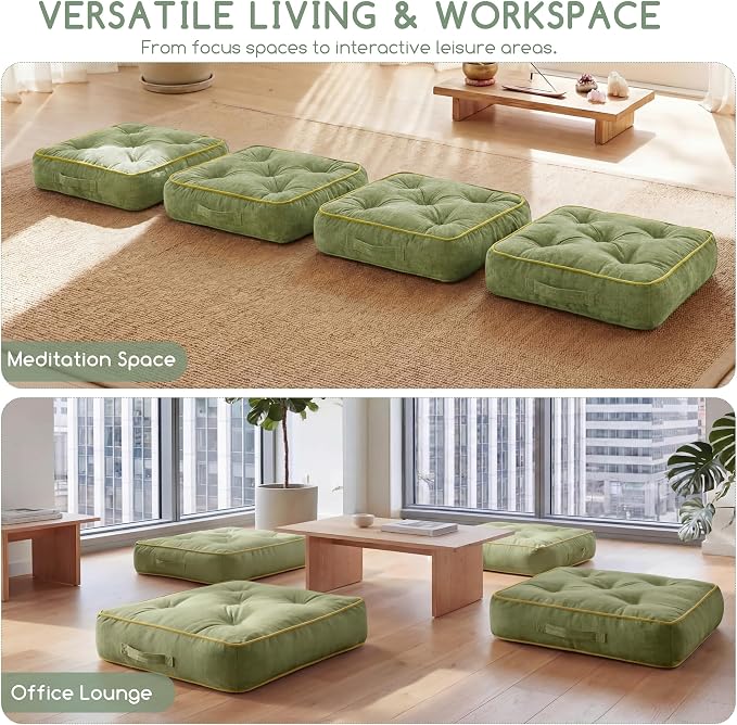 HIGOGOGO Large Floor Pillow Cushion for Adults, Meditation Cushion Pillow with Handle, Lustrous Chenille Tufted, Square Floor Sitting for Tatami Living Room or Yoga, 22x22 Inch, Green