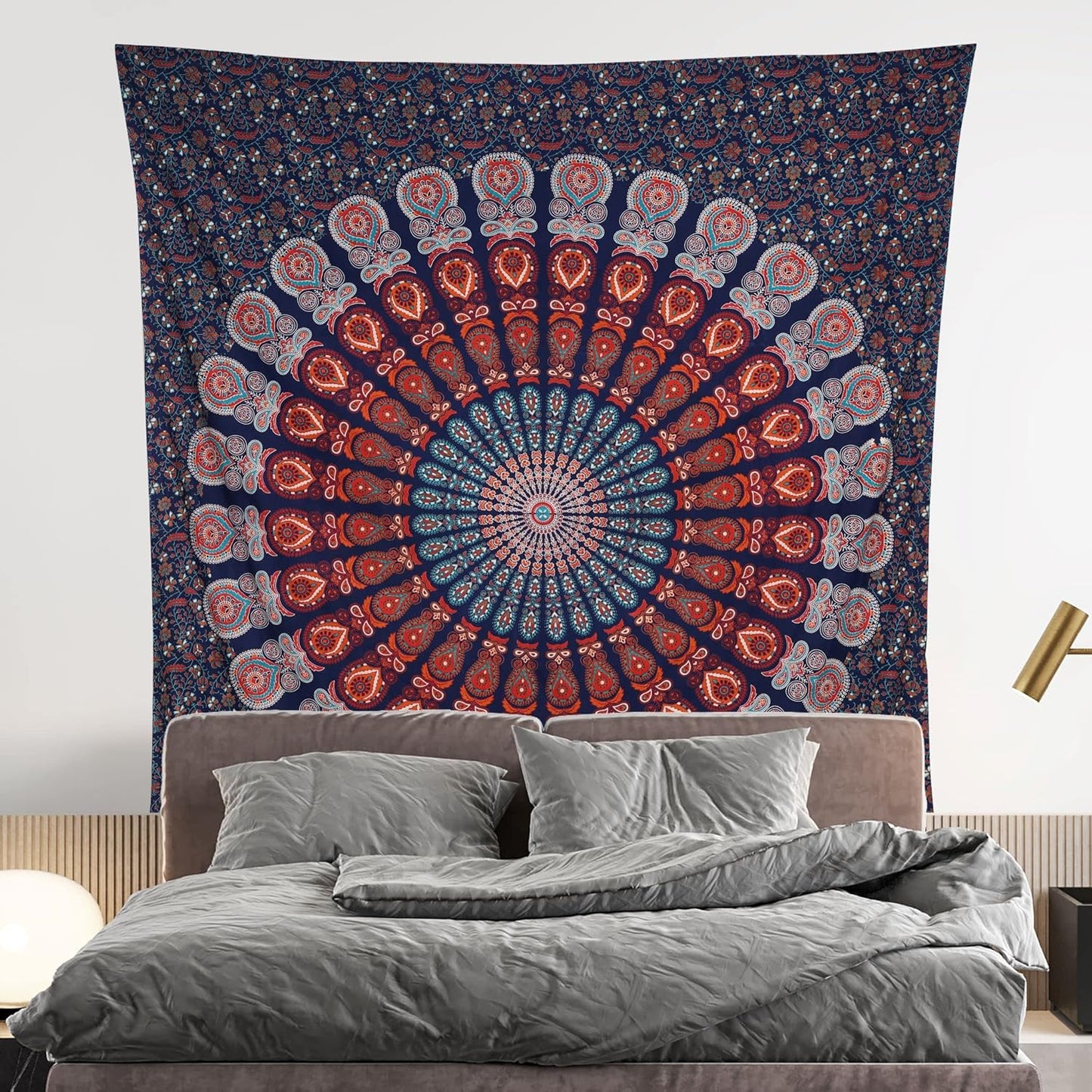 Bless International Handmade Indian hippie Bohemian Psychedelic Peacock Mandala Wall hanging College Dorm Beach Throws Table Cloth Bedding Tapestry (Golden Blue White, Queen(84x90Inches)(215x230Cms))