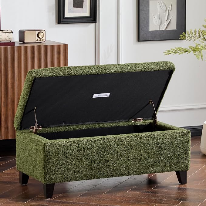 Christopher Knight Home Vayne Boucle Storage Ottoman, Rectangular Ottoman Bench, Birch Wood Legs, Upholstered Ottoman with Storage, Foot Rest Bench for Living Room, Entryway and Bedroom, Green