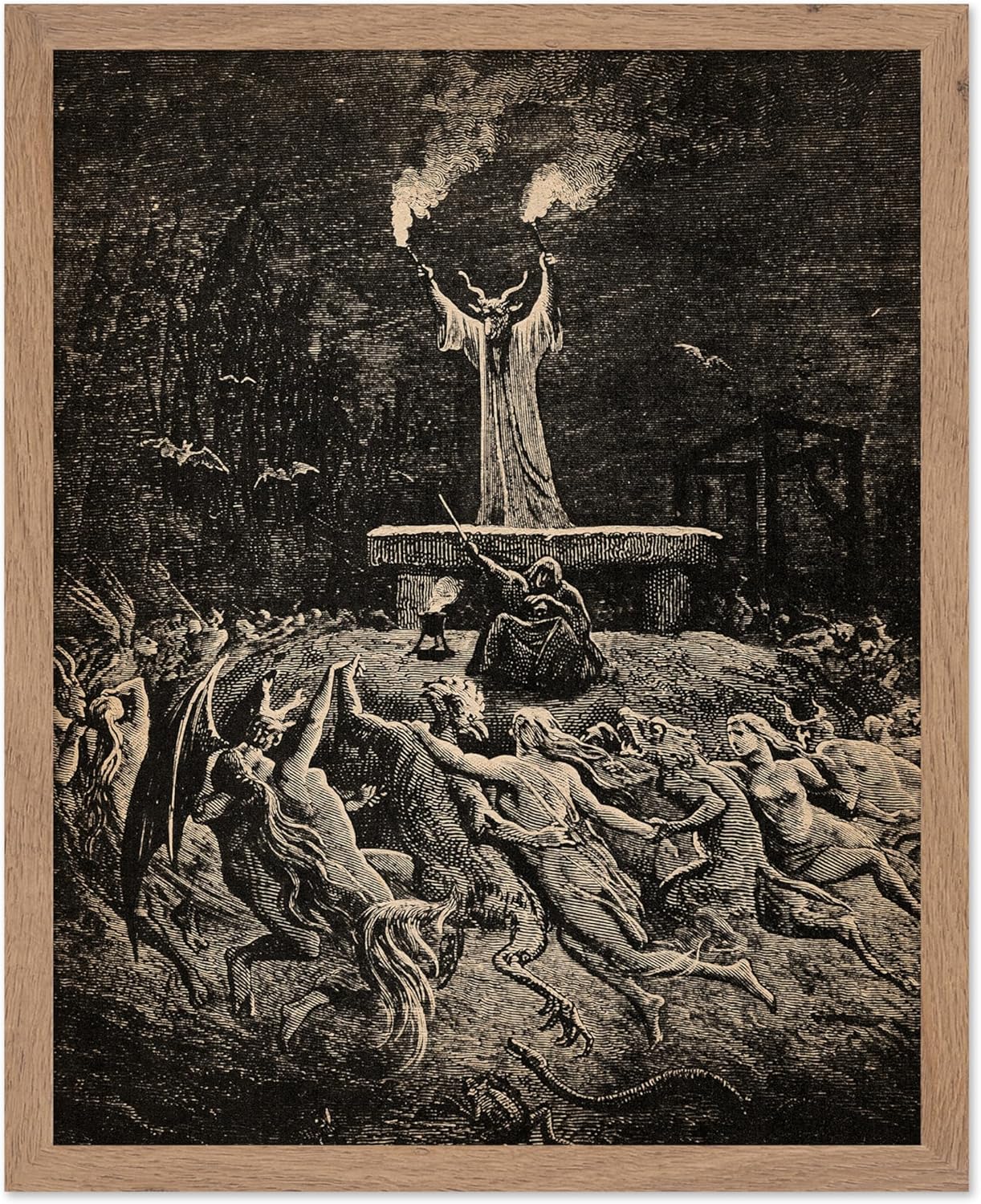 Poster Master Vintage Gustave Dore Poster - Retro Illustration Print - Gift for Gothic, Horror Fan - Dance of Sabbath, Witch, Magic, Spell - Wall Decor for Bedroom, Dorm, 8x10 Beige Framed