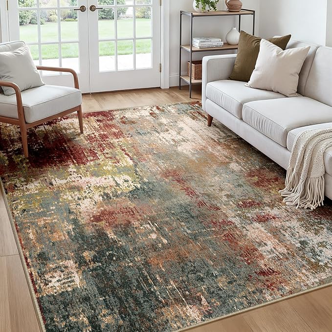 RELEANY Washable Area Rugs Square 7ft Non-Slip Modern Abstract Soft for Living Room Entryway Bedroom Nursery, Print Pattern, Brown Rust Red Green Blue Multi