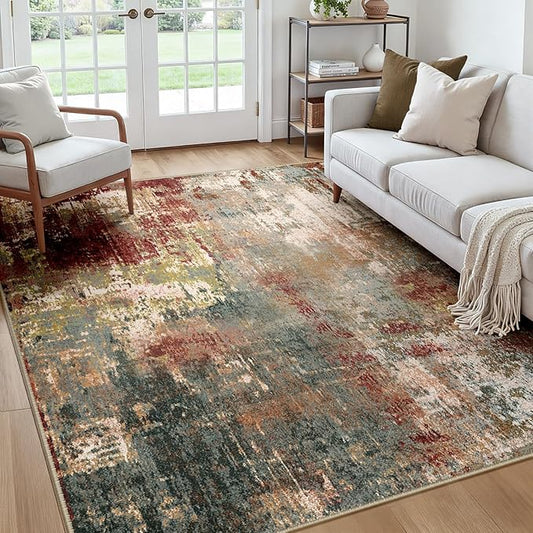 RELEANY Washable Area Rugs Square 7ft Non-Slip Modern Abstract Soft for Living Room Entryway Bedroom Nursery, Print Pattern, Brown Rust Red Green Blue Multi