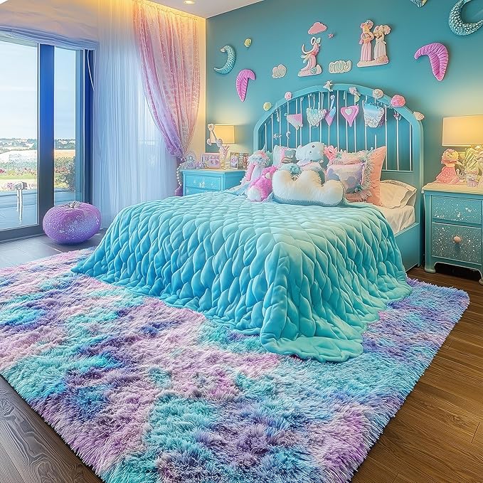 PAGISOFE Cute Kawaii Rugs for Girls Bedroom, 5x8 Rainbow Purple Area Rug, Soft Fluffy Shag Rug for Girls Room Baby Kids Playroom Nursery Classroom Plush Furry Mermaid Rug, Fuzzy Pastel Colorful Carpet