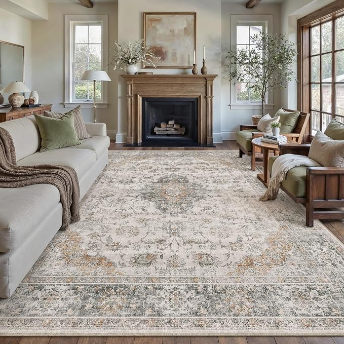 HUGEAR Retro Taupe Green Area Rug 9x12 Machine Washable Living Room Rugs Distressed Vintage Floral Low Pile Carpet Bedroom Office Dining Room Laundry Room Non Slip Soft Lightweight