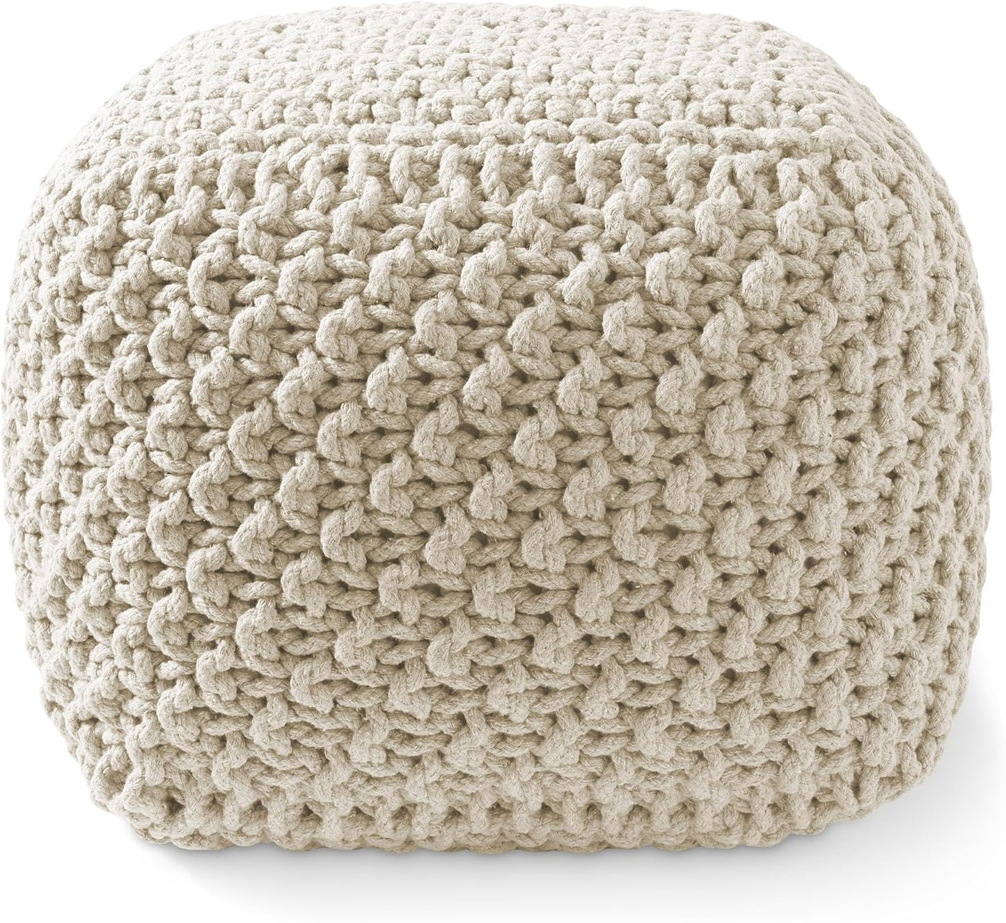 Casafield Square Pouf Ottoman, Natural - 18.5" W x 18.5" D x 14.5" H Cotton Knit Foot Stool - Boho Floor Pouffe for Living Room, Bedroom, Home Office