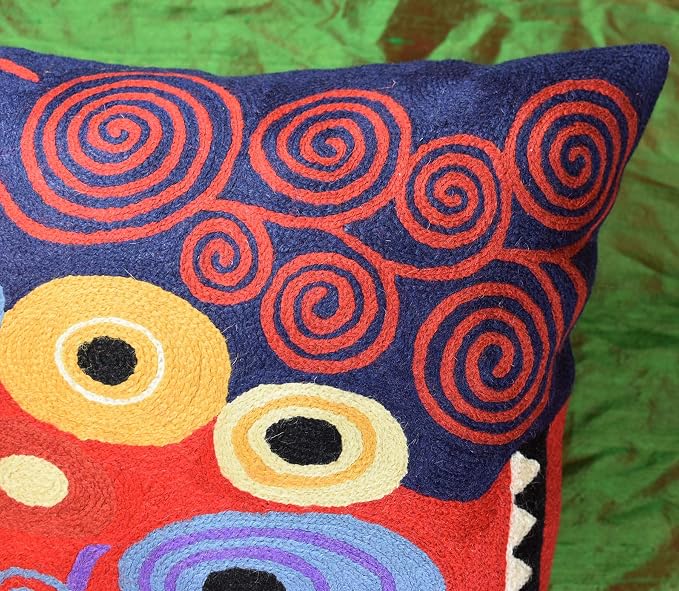 Klimt Red Throw Pillow Cover Reds Navy Modern Accent Pillowcase Decorative Abstract Throw Pillows Modern Boho Pillow Farmhouse Chair Cushions Hand Embroidered Sofa Cushion Wool Size 18x18