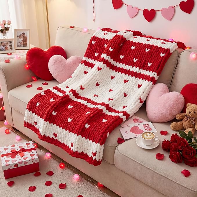 Mindsoft Chunky Knit Throw Blanket Large 50" X 60" Handmade Cream Chenille Loop Yarn Fluffy Soft Knitted Throw Big Cozy Thick Cable Knit Crochet Blanket for Couch Sofa Bed(Red,Heart)