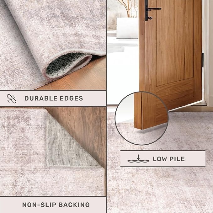 Pink and Grey 6x8 Living Room Rug, Morden Washable Area Rug for Bedroom, Non Slip Carpet for Dinning Room Under Table, Medallion Distressed Print Pattern