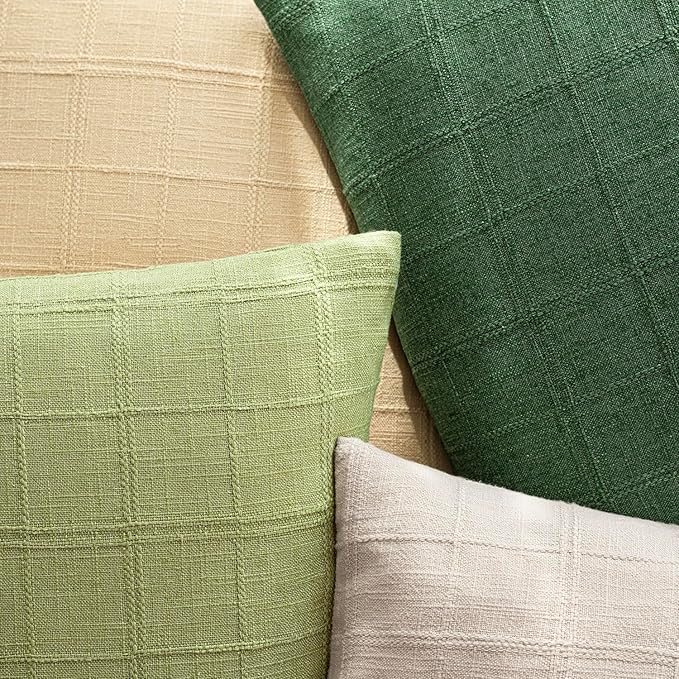 Foindtower Set of 2 Decorative Linen Check Throw Pillow Covers Neutral Farmhouse Vintage Cushion Covers Modern Boho Accent Home Decor for Sofa Chair Couch Bedroom Living Room,26×26 Inch,Forest Green