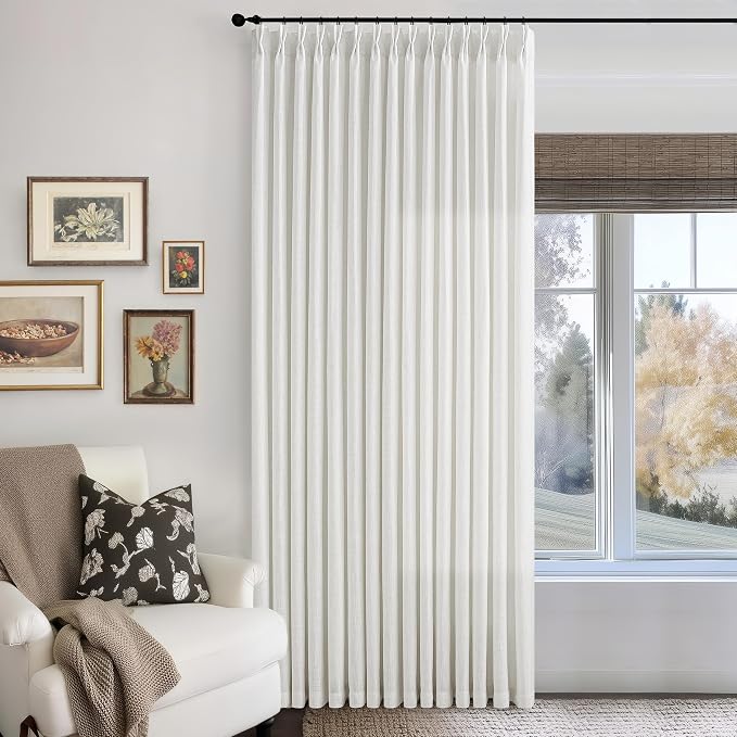 102 Inch Long Curtains Extra Wide 70 Inch Width Pinch Pleat Linen Curtains for Living Room Ivory Birch Light Filtering Privacy Boho Farmhouse Pleated Hooks Rings Back Tab Sliding Door 1 Panel 70x102