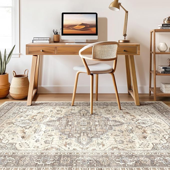 10x13 Area Rugs Living Room: Washable Boho Large Neutral Vintage Soft Rug Stain Resistant Farmhouse Non Slip Indoor Floor Carpet for Bedroom Nursery Kids Playroom Office Dining Room- Beige Brown