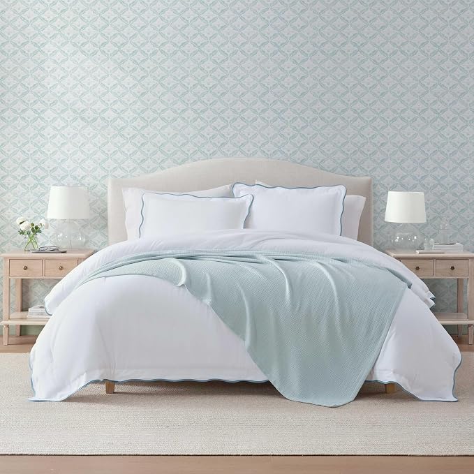 Martha Stewart - Twin Bed Blanket, 100% Cotton Textured Basket Weave Bedding, Breathable & Lightweight Blanket for Couch or Bed, Bedford Tile Blue
