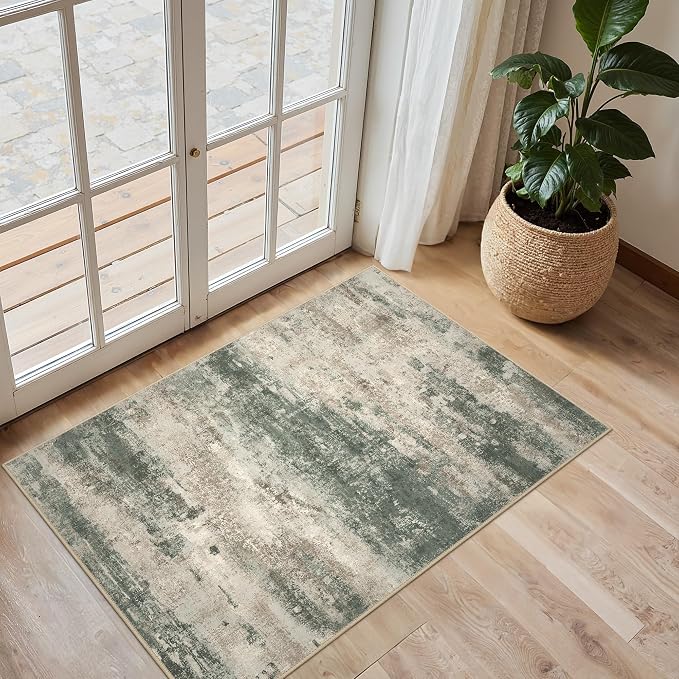 BEIMO 2x3 Rugs for Entryway Entrance Kitchen Bathroom, Machine Washable Modern Abstract Soft Area Rug, Indoor Floor Carpet with Non Slip Rubber Backing, Grey/Dark Green