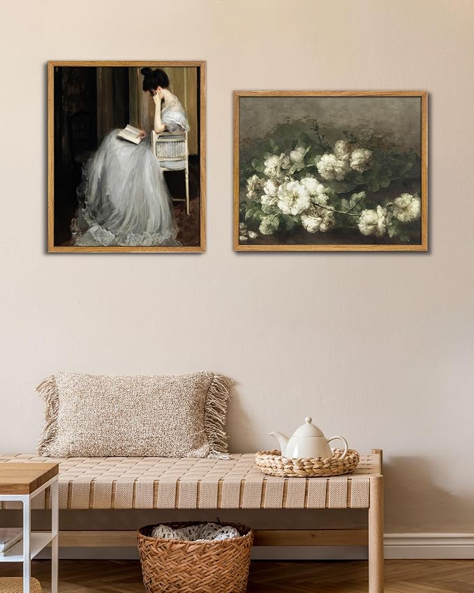 UPWOIGH White Floral Framed Still Life Wall Art, 16 x 24 Inch | Cream White Blooms and Dark Green Leaves, Vintage Moody Oil Painting Style, Warm Wood Frame for Living Room and Bedroom