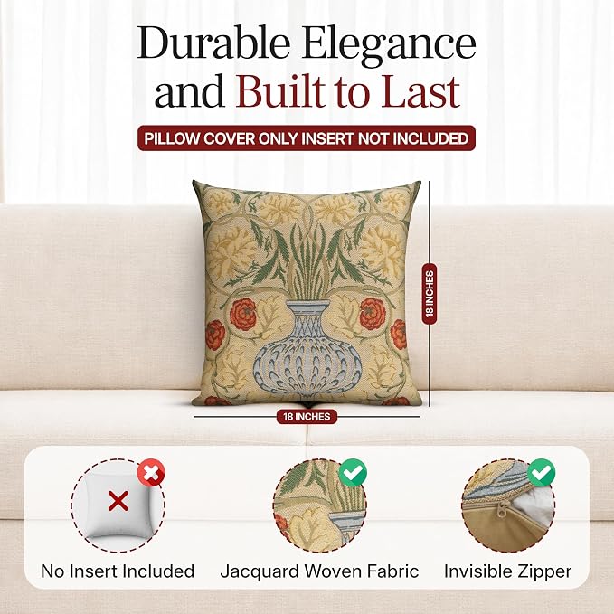 Charlotte Home Furnishings Inc Yellow Rose Throw Pillow Covers 18x18, European 100% Cotton Jacquard Woven Fabric, Boho & Vintage Inspired Decorative Cushion for Living Room and Sofa