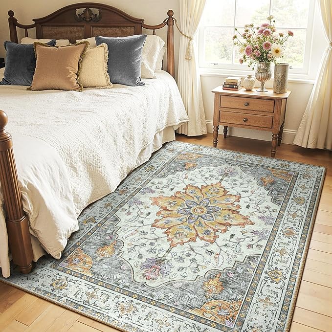 RELEANY Area Rugs 4'x6' Washable Non-Slip, Floral Vintage Distress Print Pattern Medallion Carpet for Living Room Bedroom Dining Room, Light Yellow Carbon Grey Orange