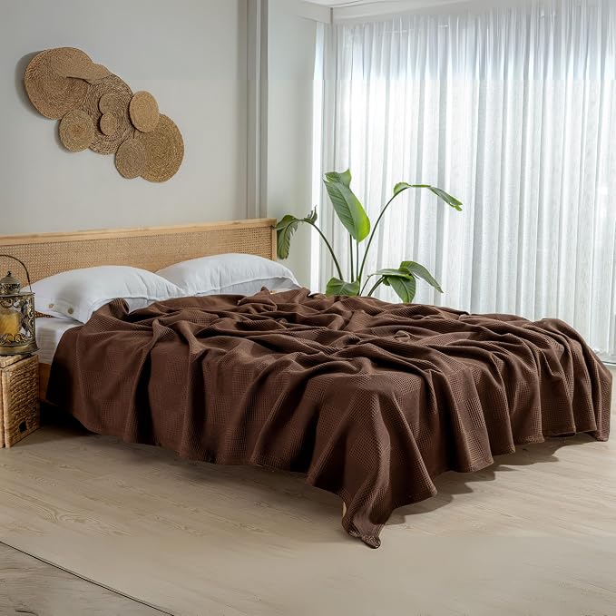 100% Turkish Cotton Blanket Queen Size Waffle Weave Blankets, Made in Turkiye, Light Airy Throw Bedspread (Dark Brown, Queen Size Blanket 90 x 90 inch)