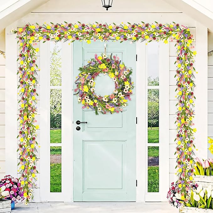 2Pcs 6 ft Artificial Wildflower Garlands Wisteria Lavender Garland Daisy Lavender Faux Floral Vine Summer Spring Floral Fake Wreath All Year Round Home Decor for Indoor Outdoor Home Wedding Arch