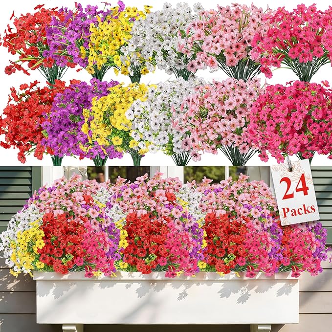 Alupssuc 24 Bundles Artificial Flowers for Outdoors Decoration, UV Resistant Silk Faux Daisy Flora Spring Fake Plastic Plants Greenery for Outside Indoor Yard Home Porch Window Box Decor, Mix 6 Colors