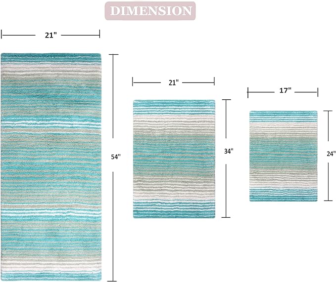 Home Weavers 100% Cotton Gradiation Collection Bathroom Décor, Washable Rug, Bathroom Mat, Kitchen Mat, Bathroom Rug Set, Bath Mat Set, Bath Floor Mat Non Slip, 3 Piece Set with Runner, Turquoise
