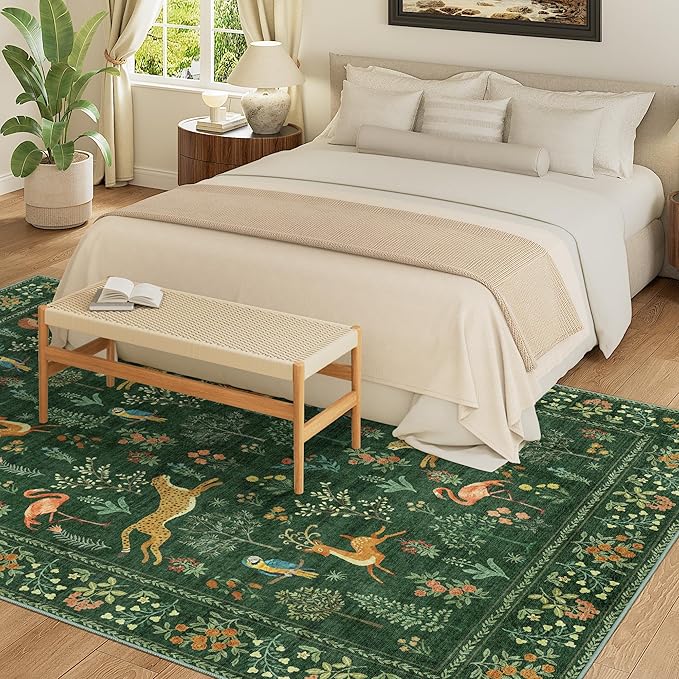 DUKINO 6x9 Rug, Washable Animal Living Room Rug with Non Slip Vintage Design, Soft Low Pile Large Carpet for Bedroom, Nursery, Dining Room, Farmhouse, Playroom, Green