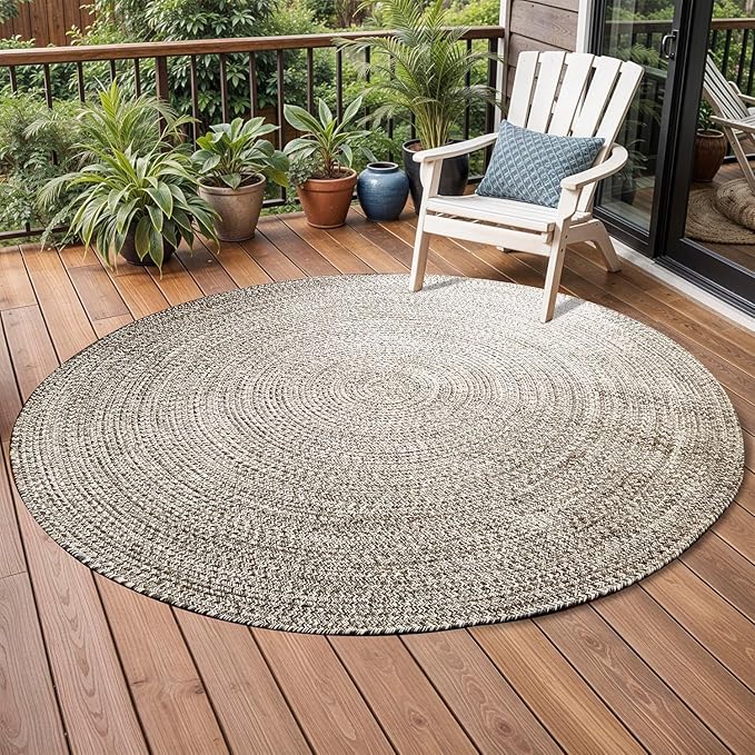 Superior Indoor/Outdoor Area Rug, Dual-Tone Reversible Braided Floor Decor for Patio, Front Porch, Entryway, Living Room, Office, Nursery, Artistic Home, 6' Round, Charcoal-White