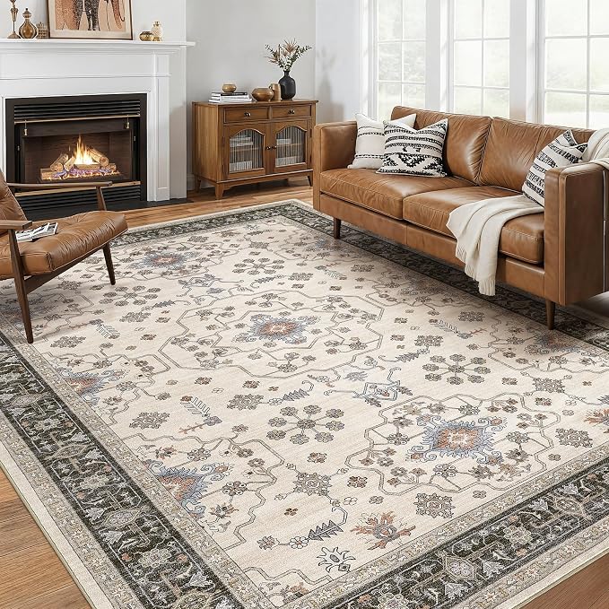 10x12 Area Rugs for Living Room - Large Carpet Ultra Thin Soft Washable Oriental Vintage Floral Distressed Big Indoor Carpets for Bedroom Nursery Dorm Home Decor Aesthetic - Brown Black