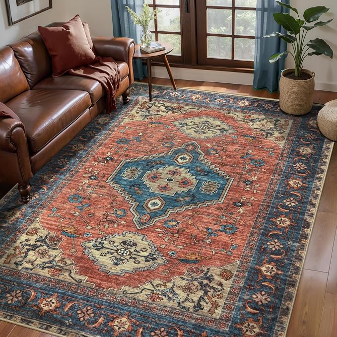 Tangsoo 3x5 Washable Rugs Oriental Area Rug, Vintage Non Slip Indoor Accent Rug, Print Distressed Terracotta Carpet, Soft Low Pile Rug for Living Room Dining Bedroom Bedside Entryway