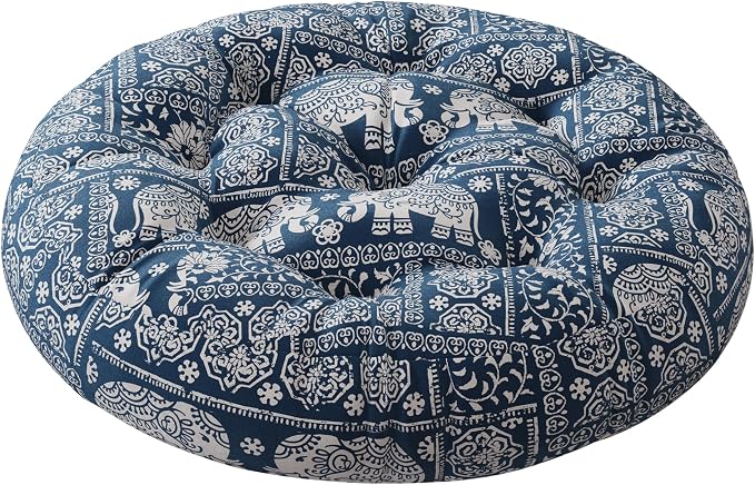 Codi Meditation Floor Pillow, Boho Pillows Seating for Adults and Teens, Large Round Cushion for Yoga Living Room Tatami Sitting, Memory Foam Added, 22x22 Inch, Indigo Elephant