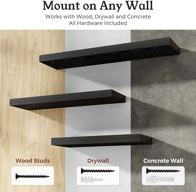 Black Floating Shelves for Wall, 7.9" Deep Wall Mounted Floating Shelves for Bedroom, for Wall, Living Room, Kitchen, for Books/Storage/Room Decor (Black, 16")