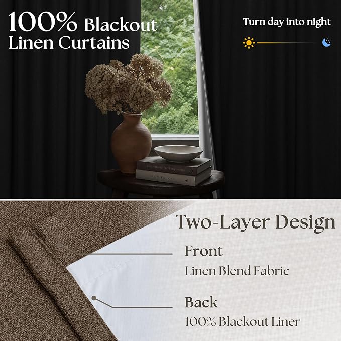 80 Inch Brown Linen Blackout Curtains for Living Room 100% Black Out Pinch Pleat Hooks for Living Room Back Tab Thick Linen Textured Pleated Drapes Light Blocking Loden Bedroom Window Curtains