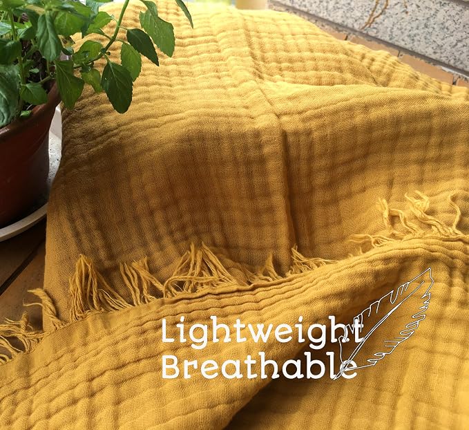 KyraHome 100% Organic Cotton Throw Blankets, 50"x60" Pre-Washed Plant Dyed, Breathable, Lightweight Summer Muslin Blankets, Adults, Couch, Picnic, All Season, Mustard Yellow