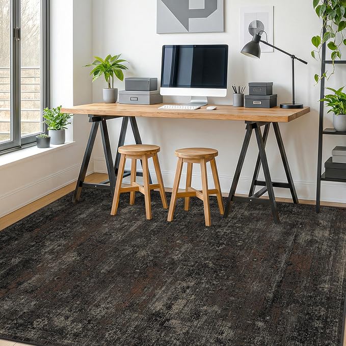 TALANOVA Black 7x9 Washable Area Rug for Living Room, Non-Slip Low Pile Charcoal Volcanic Textured Rug for Bedroom, Dining Room & Home Office, Dark Stain Resistant Modern Farmhouse Design