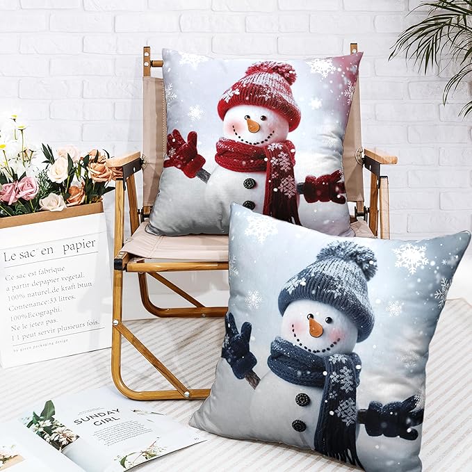 Pack of 2 Navy Blue and Red Snowman Pillow Covers Winter Holiday Throw Pillow Covers 22x22 Cotton Linen Pillow Case for Christmas Decorations Living Room Sofa