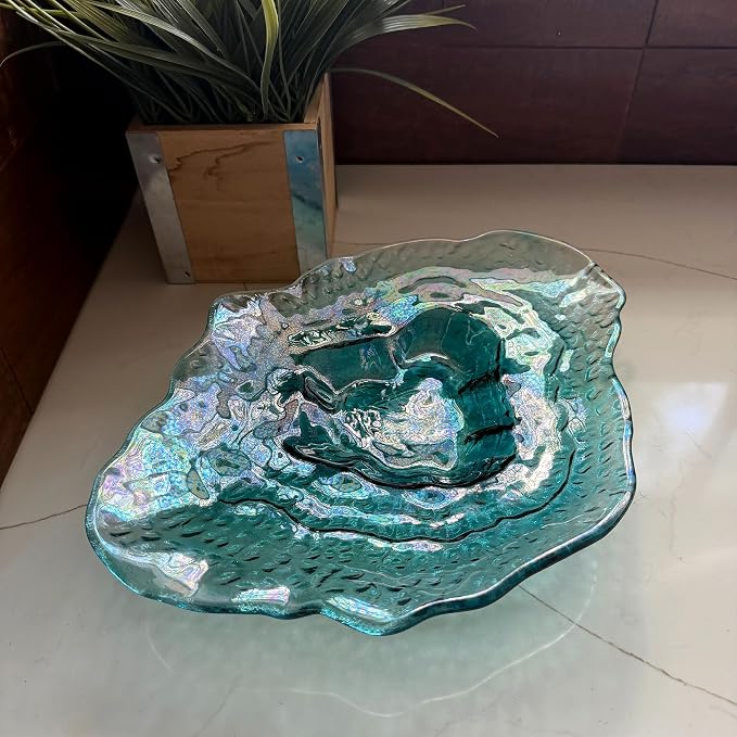 Oyster Shell Decorative Plate, 13 Inch Sea Blue Iridescent Glass | Wide Freeform Shell Form, Wavy Uneven Edges, Glossy Multitone Finish, Sits Flat for Tabletop Display