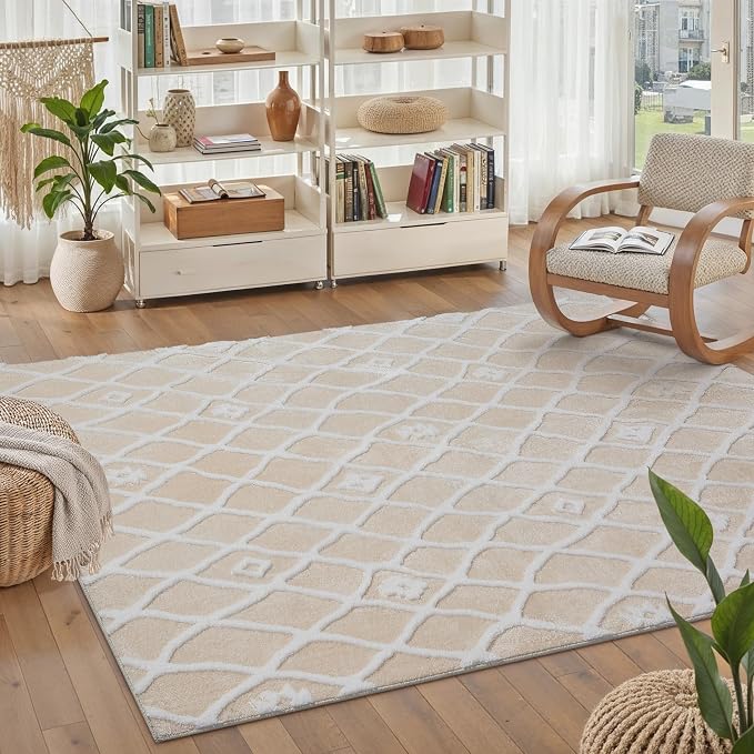 PureCozy 4x6 Area Rug for Living Room Beige Ivory Washable Bedroom Rug Non Slip Soft Modern Moroccan Neutral Shag Checkered Carpet Boho Dining Room Office Playroom Nursery
