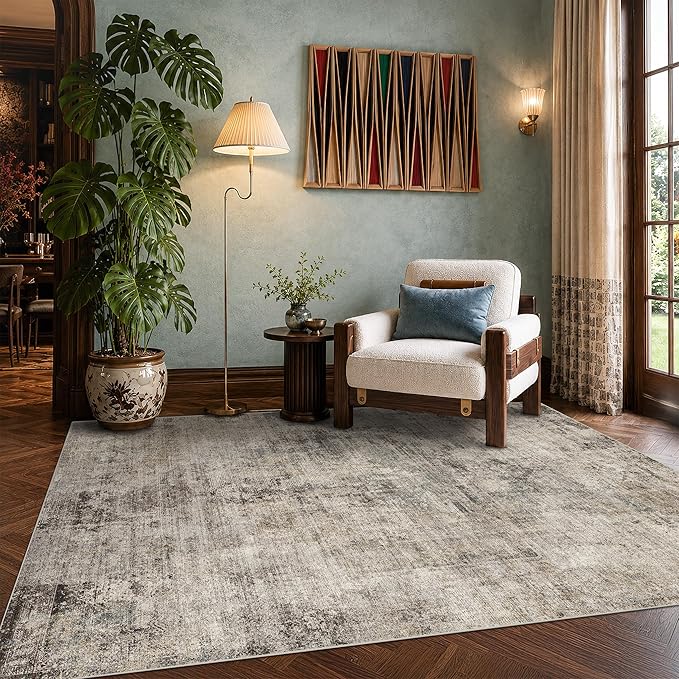 Washable 4x6 Rug for Small Living Room, Area Rug for Kitchen, Bedside, Large Entryway Indoor - Stain Resistant Non Slip with Rubber Backing, Unique Floral Aesthetic Décor, Taupe