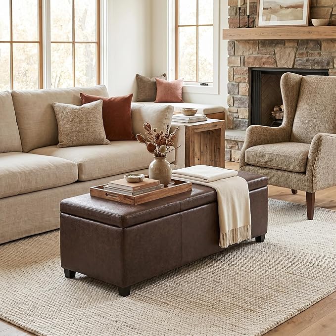 SIMPLIHOME Avalon Storage Ottoman Bench - 48" Wide x 16" High Upholstered Vegan Leather Rectangular Lift-Top Ottoman in Distressed Brown, Contemporary Bench for Living Room with High-Density Foam