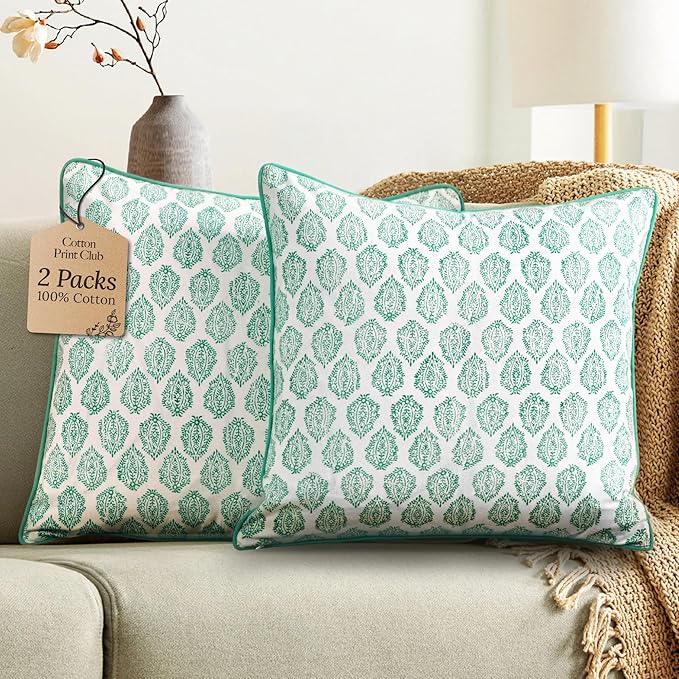 CPC 100% Cotton Throw Pillow Covers 20x20 Inch, Set of 2 Green Block Print Pattern Couch Pillow, Cute Boho Decorative Pillows for Living Room, Bedroom with Hidden Zipper- Sea Green