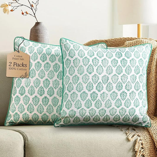 CPC 100% Cotton Throw Pillow Covers 20x20 Inch, Set of 2 Green Block Print Pattern Couch Pillow, Cute Boho Decorative Pillows for Living Room, Bedroom with Hidden Zipper- Sea Green