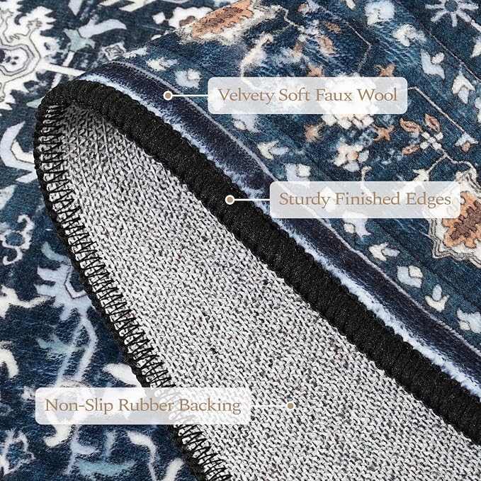 Rugflix 2x3 Small Area Rugs for Entryway, Washable Entrance Door Mat Non-Slip, Soft Low Pile Stain Resistant Vintage Boho Indoor Throw Rug for Hallway, Kitchen, Bedroom, Navy Blue