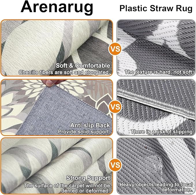 4x6 Washable Rug for Living Room Tropical Botanical Modern Floral Chenille Area Rugs Low Pile Non Slip Carpet for Patio, Bedroom, Laundry, Taupe