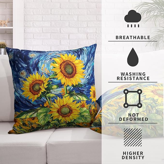 Sunflower Pillow Covers 16x16 Set of 2 Van Gogh Starry Night Throw Pillow Covers Oil Painting Sunflowers Pillow Case Spring Summer Cotton Linen Cushion Case for Sofa Garden Patio