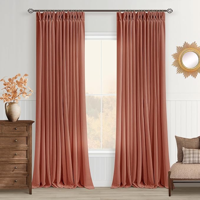Terracotta Linen Curtains 102 Inches Long for Living Room Pinch Pleated Drape Hooks Rings for Track System Light Filtering 102 Inch Curtain for Bedroom Sliding Patio Door 2 Panels Autumn Fall Decor