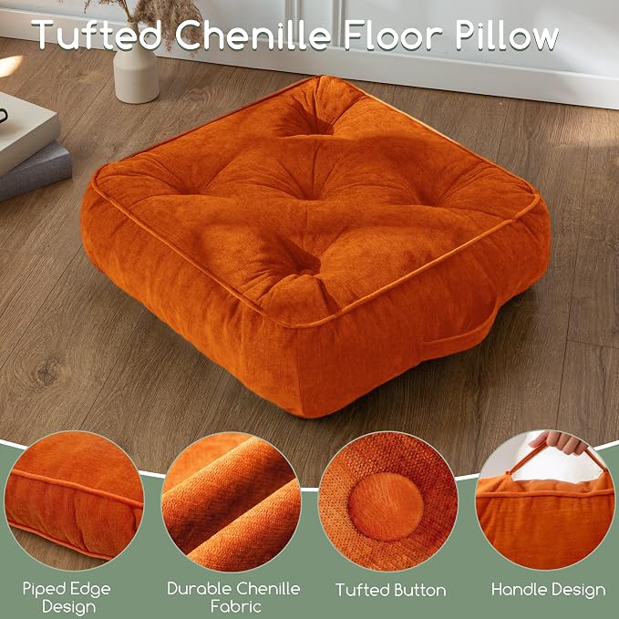 HIGOGOGO 6" Extra Thick Floor Pillow Cushion for Adults, Meditation Cushion Pillow with Handle, Lustrous Chenille Tufted, Square Floor Sitting for Tatami Living Room or Yoga, 22x22 Inch, Orange