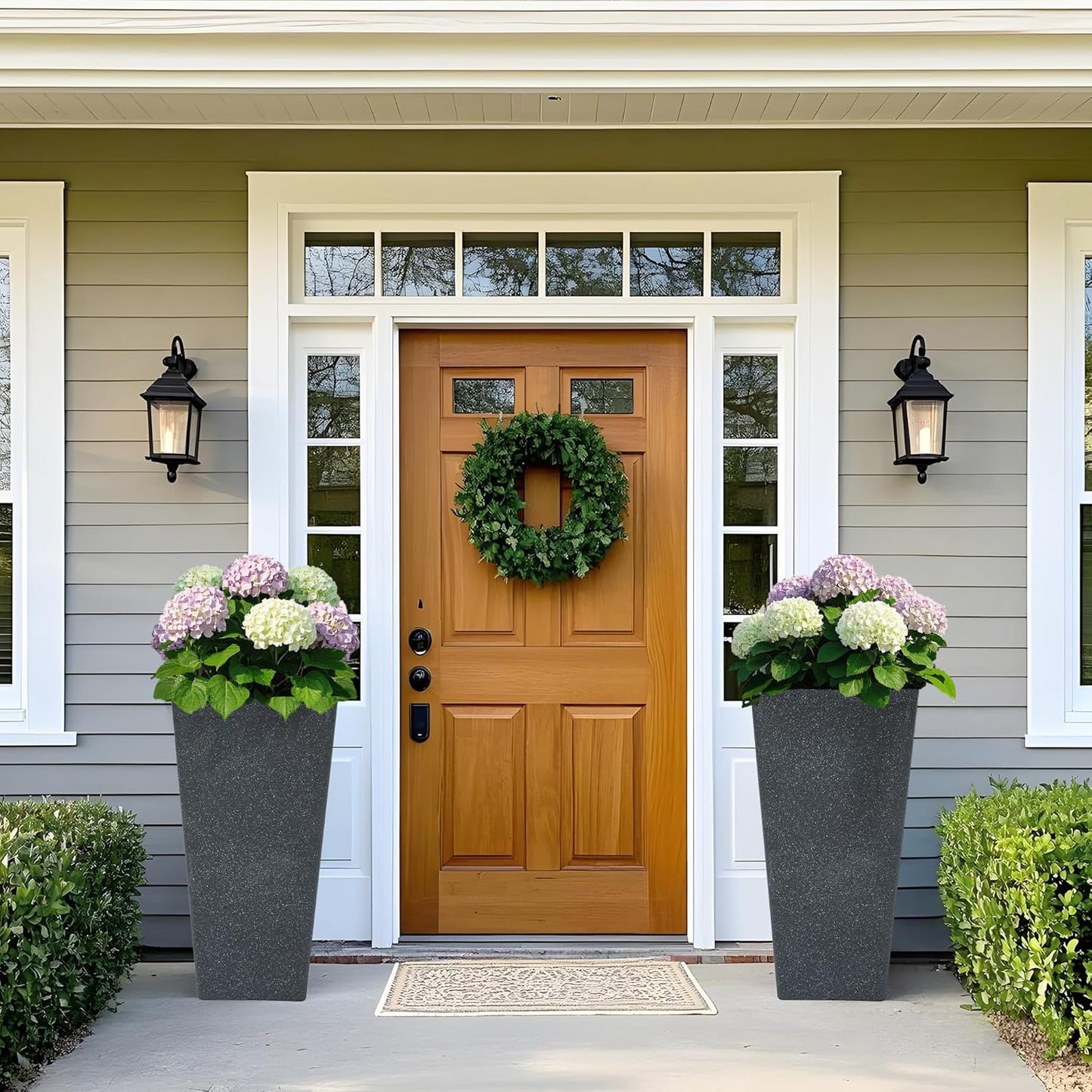 28" Large Tall Square Planters for Outdoor Plants, Set of 2 V-Shaped Planter Box with Black Terrazzo Look, Durable and Weather Resistant, Ideal or Garden, Patio, Porch or Home use.