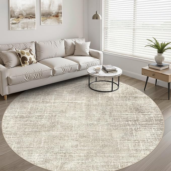 8ft Round Rug Living Room: 8x8 Washable Large Neutral Brown Circle Area Rug Abstract Soft Modern Stain Resistant Indoor Floor Non-Slip Carpet for Bedroom Nursery Kids Office Playroom Dining Room